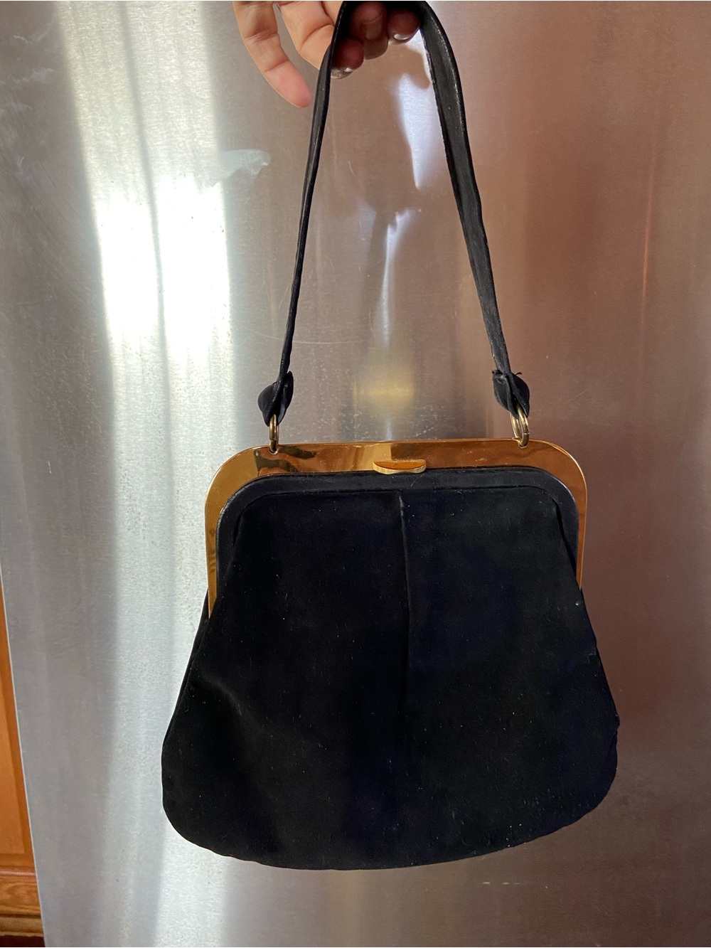 Vintage Classic Black Suede Frame-Top Shoulder Bag by